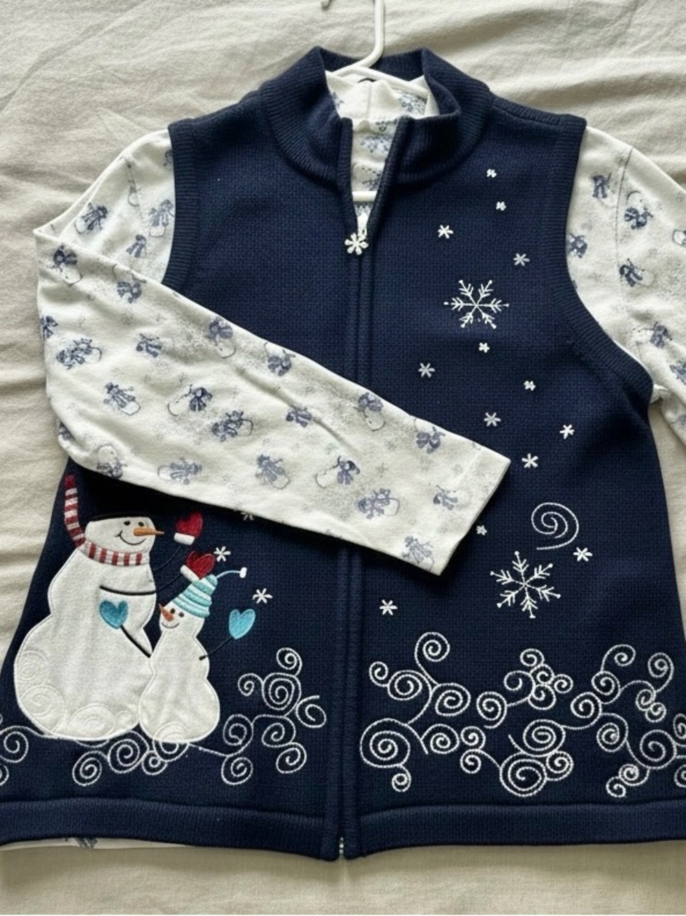 VTG Christopher & Banks Navy Blue and White Snowman Zip Vest with Snowflake LS